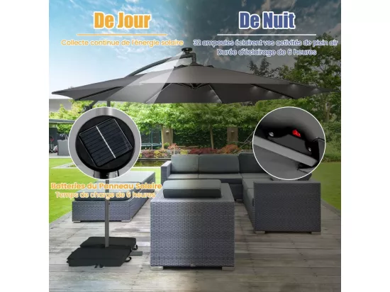 Parasol Déporté 3x3M, Grand Parasol de Jardin Extérieur Lumineux LED Solaire avec 2 Sacs de Sable, Base Croisée, Parasol Inclinable avec Manivelle, pour Balcon, Jardin, Terrasse Plage (Gris)