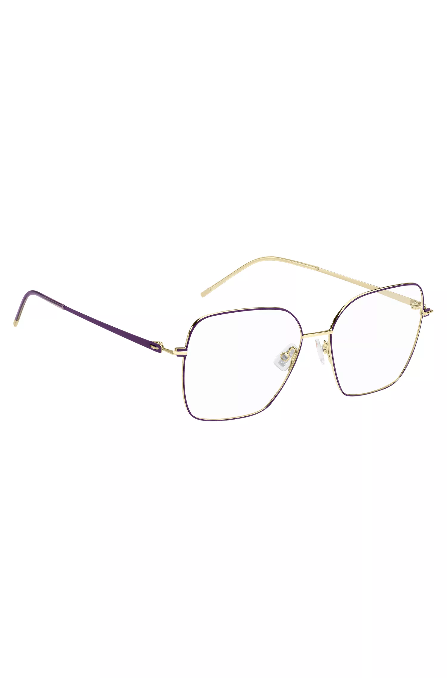 Armação BOSS Black-Optical em aço dourado com detalhes em roxo.