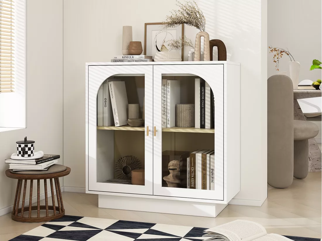 Armoire à double porte blanche avec éléments arrondis, 80 cm de long, pour chambre, bureau, salon et autres espaces