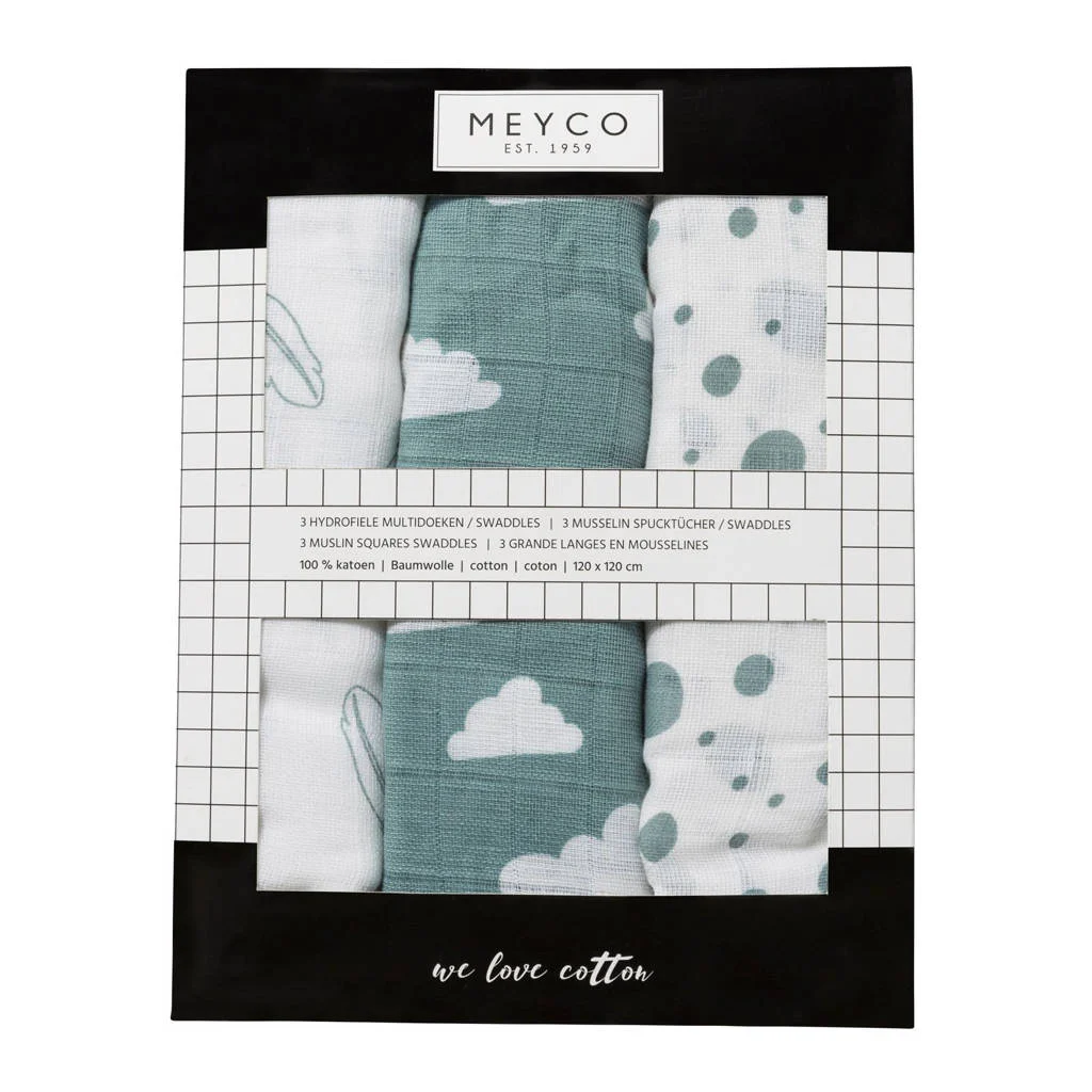 Leuk cadeautjehydrofiele swaddles 120x120 cm (set van 3) jade/wit