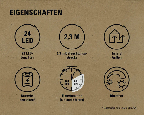 Lafiora LED-lichtsnoer, 2,3 m + 0,5 m, 24 LED's, warm wit licht, inclusief timer en dimmer