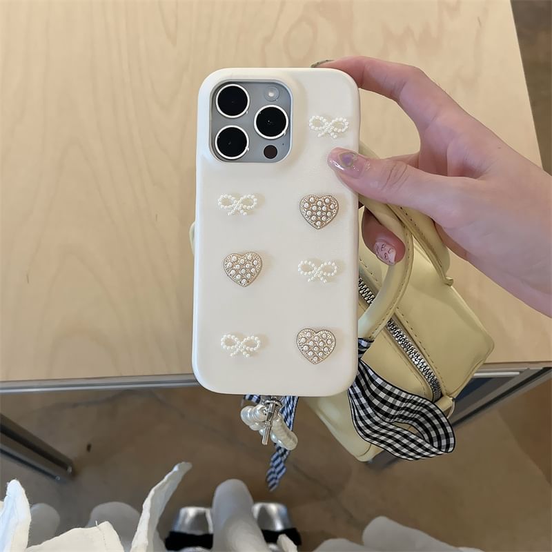 Fonekase - Kunstparel Strik Hart Telefoonhoesje / Charm / Set - iPhone 16 Pro Max / 16 Pro / 16 Plus / 16 / 15 Pro Max / 15 Pro / 15 Plus / 15 / 14 Pro Max / 14 Pro / 14 Plus / 14 / 13 Pro Max / 13 Pro / 13 / 13 Mini