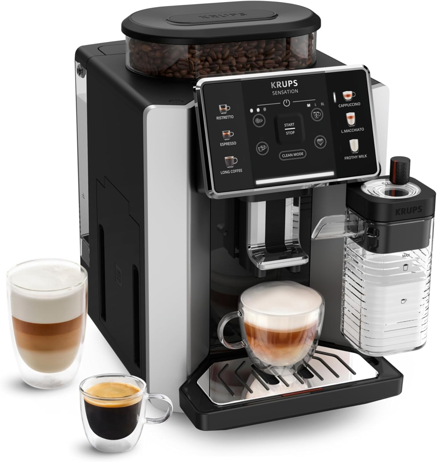Krups Sensation Lait, Machine à café grains, machine expresso, 6 boissons, Carafe à lait, Cappuccino, Interface tactile, Nettoyage automatique, Silver, EA912E10