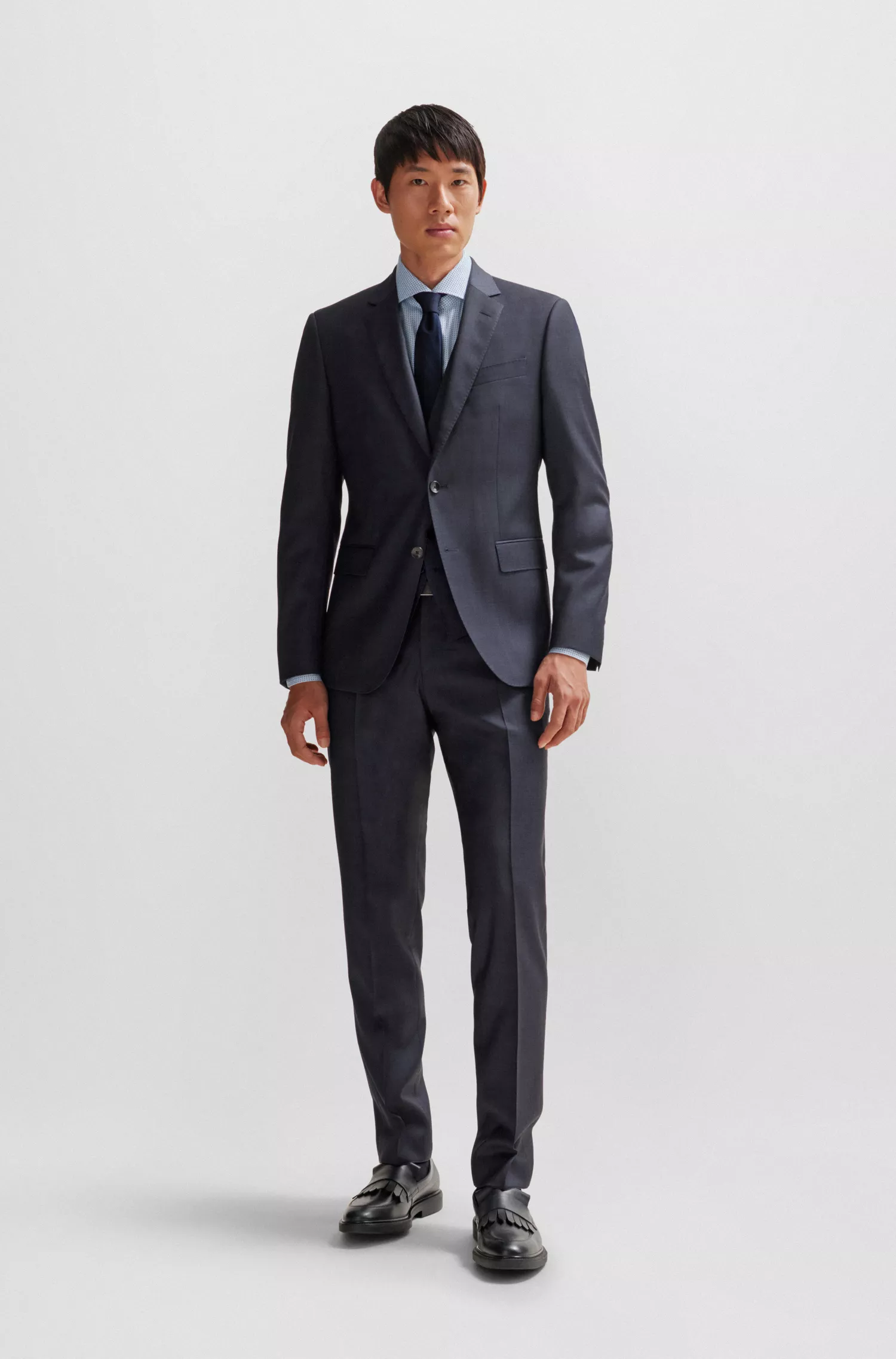 Camisa BOSS preta de corte slim em algodão Oxford stretch estampado.