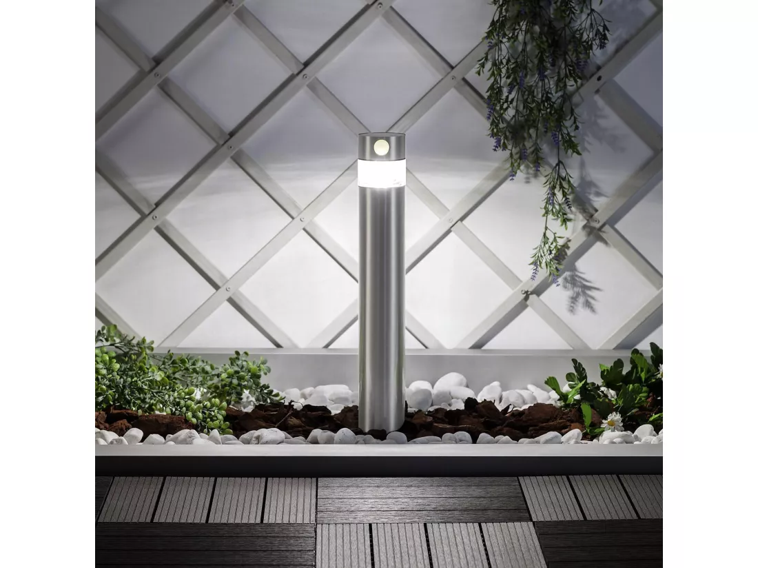 Balise Solaire LED Extérieure 1.5W en Saillie sur Pied 50cm avec Détecteur de Mouvement Inti Inox 5000K Blanc froid