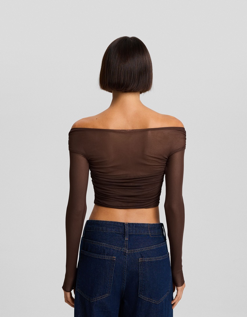 Camiseta de manga comprida com detalhe drapeado em tule cruzado