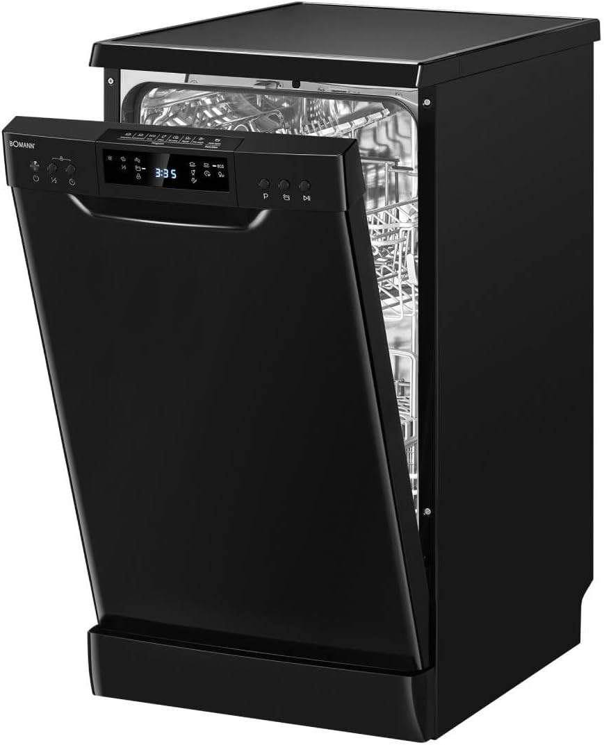 Bomann Geschirrspüler 45 cm, 10 Maßgedecke, Spülmaschine Stand o. Unterbau, 7 Programme & 2 Sprühebenen, Dishwasher mit Startvorwahl, Geschirrspüler unterbaufähig GSP 7418 schwarz