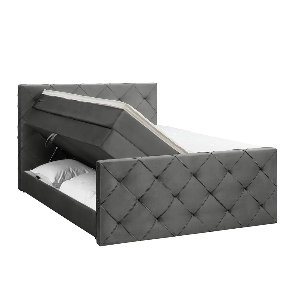 Boxspring met opbergruimte en voetbord Liv geruit - grijs - 180x200cm