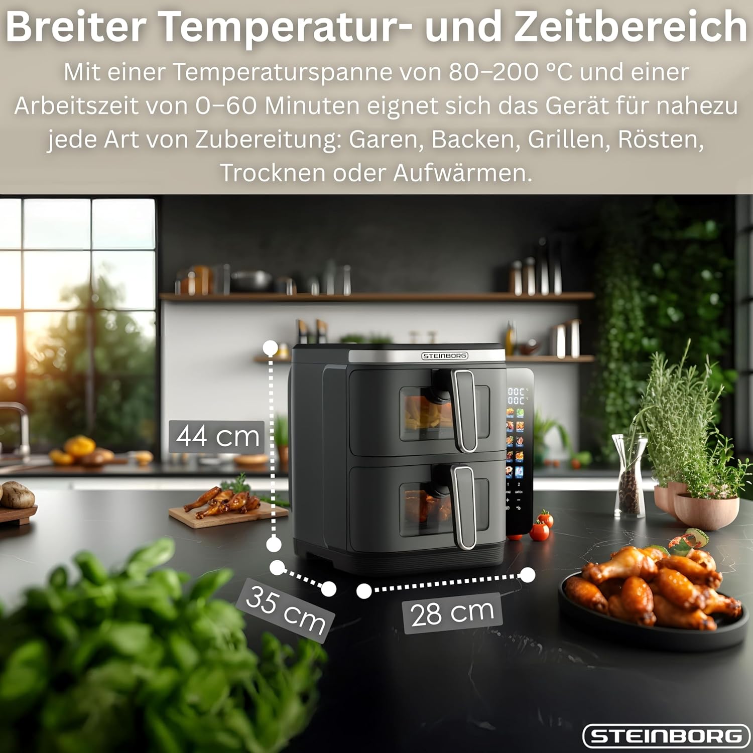 Steinborg® Heissluftfritteuse Doppelkammer 11 Liter Heißluft-Frittieren Heißluftfritteuse 2 vertikale Schubladen 5,5L+5,5L Grillen Backen Dörren Frittieren Friteuse ohne Öl Heißluftofen Heißluftgrill