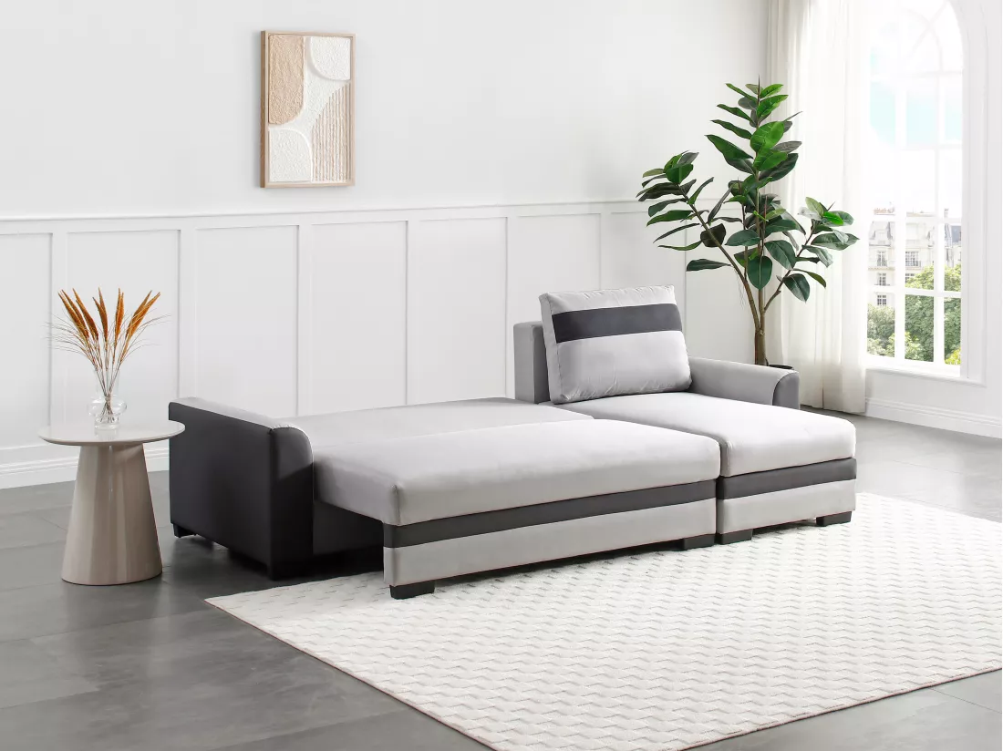 Canapé d'angle réversible et convertible en tissu et simili gris clair GIANY II