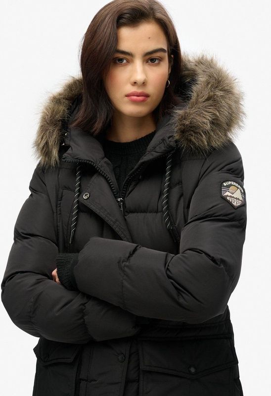 Superdry - W5011787A - Halflange Gewatteerde Jas - Zwart - Imitatiebont - Duurzaam