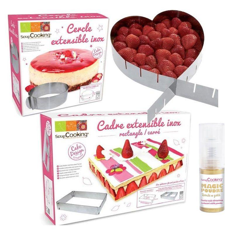 3 cadres pâtisserie extensibles cœur, cercle & rectangle + 1 poudre al