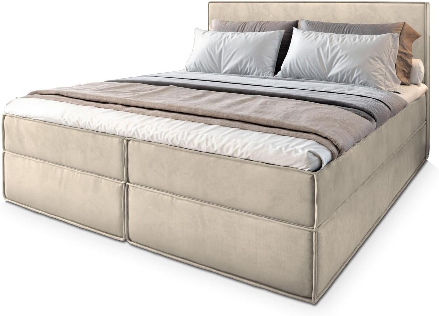 Masseno Boxspringbett PELLIO 180x200 cm Komplett-Set mit Matratze und Topper, Polsterbett mit Zwei Bettkästen -Creme, Monolith 04