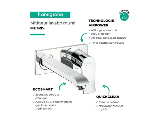 Mitigeur lavabo mural HANSGROHE Metris + corps encastré Economie d'eau
