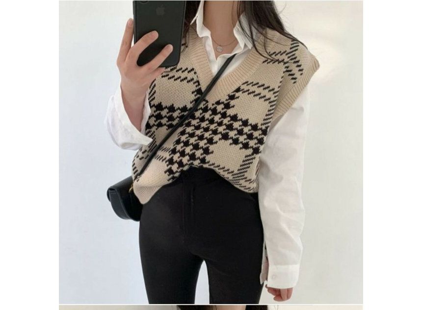 FR - V-hals pied-de-poule trui vest