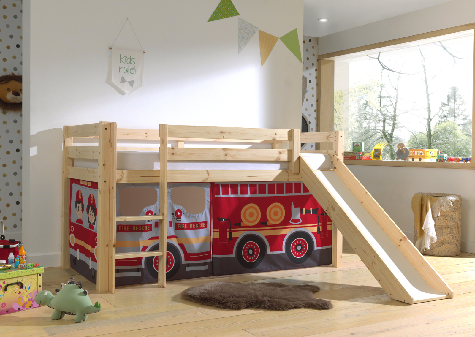 Halbhochbett PINO - Fire Rescue - Kiefer natur Massivholz - mit Rutsche - 90x200 cm