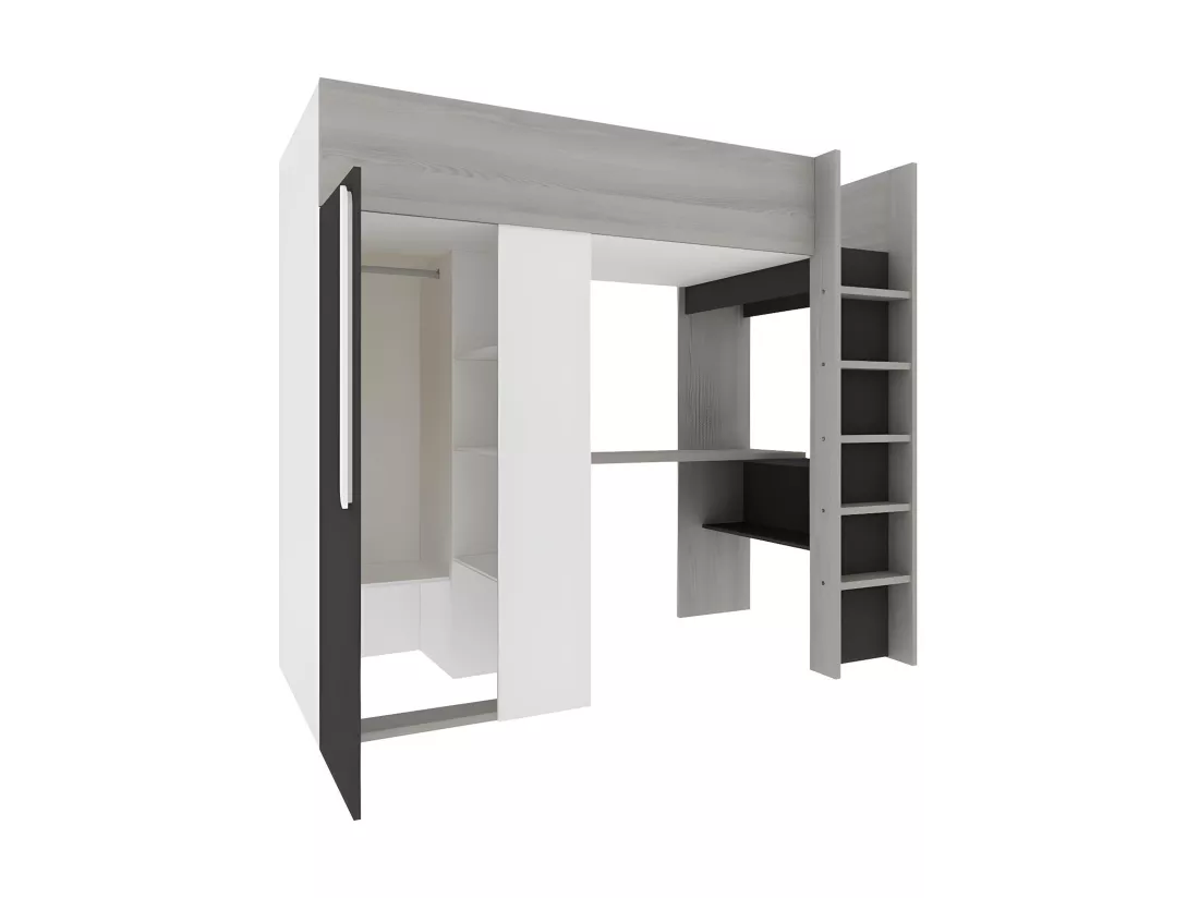 Lit mezzanine 90 x 200 cm avec armoire et bureau - Anthracite et blanc - NICOLAS II