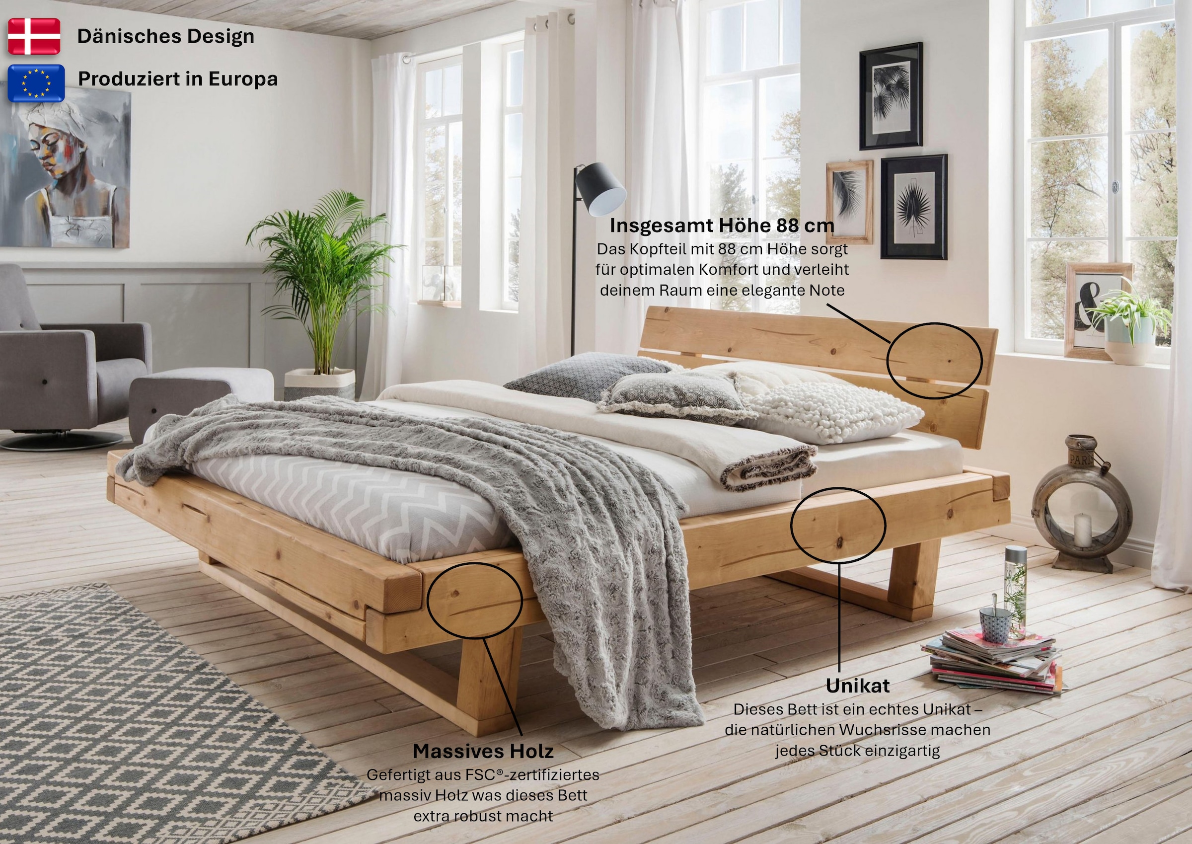 Home affaire Massivholzbett »Ultima Balkenbett Doppelbett, Füsse mit Kufenform« hohe Belastbarkeit: 200kg je Seite,  Massivholz, Skandinavisches Design, Robust, stabil, FSC zertifiziert