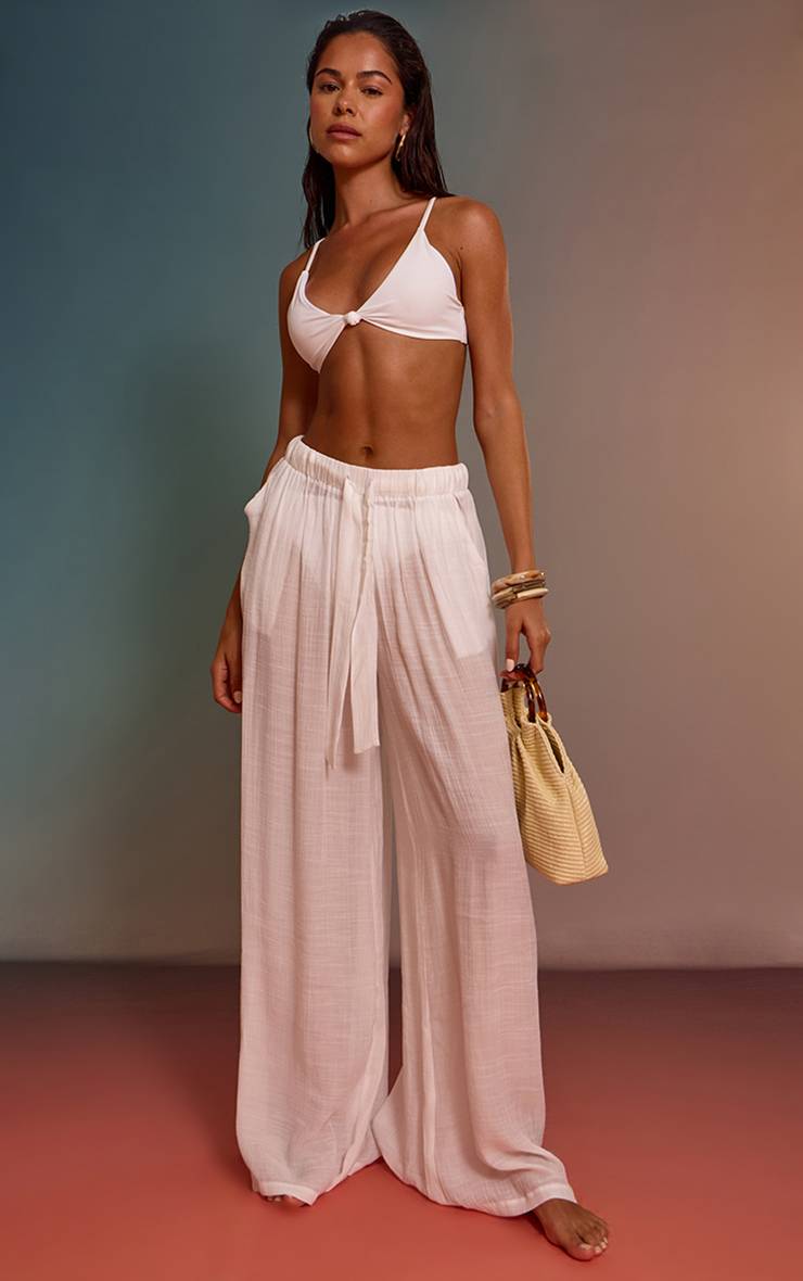 Blanc Pantalon De Plage Palazzo Aspect Lin