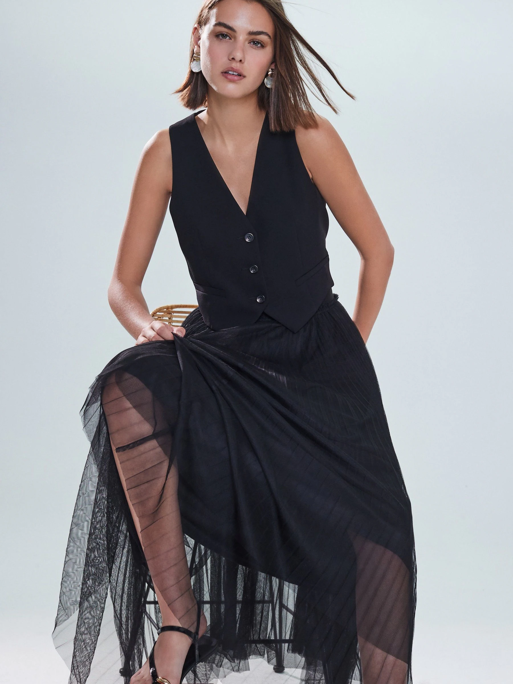 Zwart - Pleated Mesh Tulle Maxi Skirt