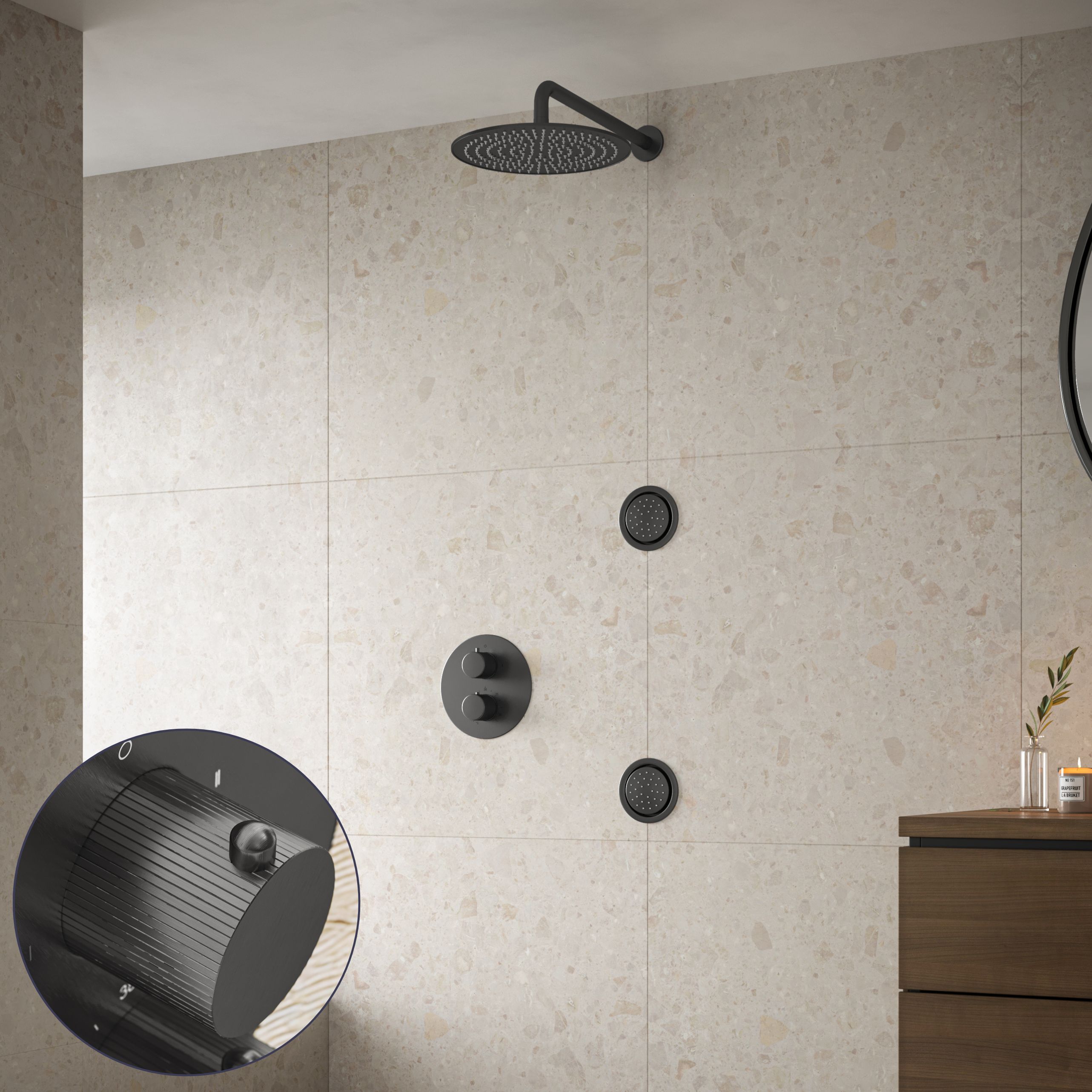 Saniclear Iron Stripes inbouw regendouche 30cm met ronde massagejets en muurarm verouderd ijzer - gunmetal