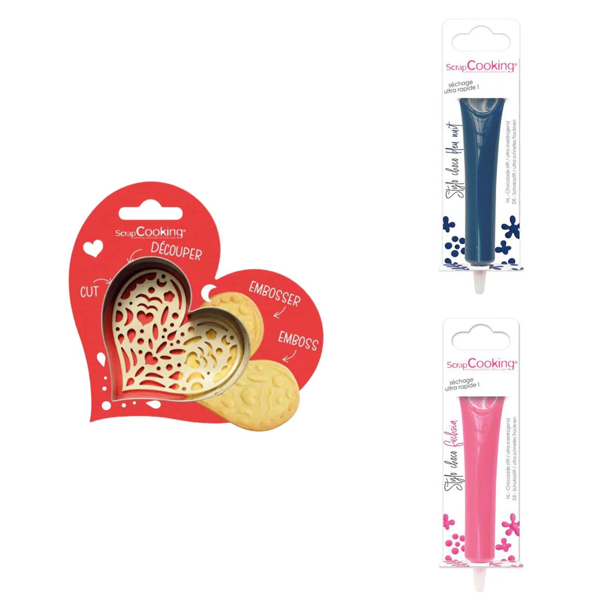 Kit pour biscuit en relief Coeur + 2 Stylos au chocolat bleu nuit et f