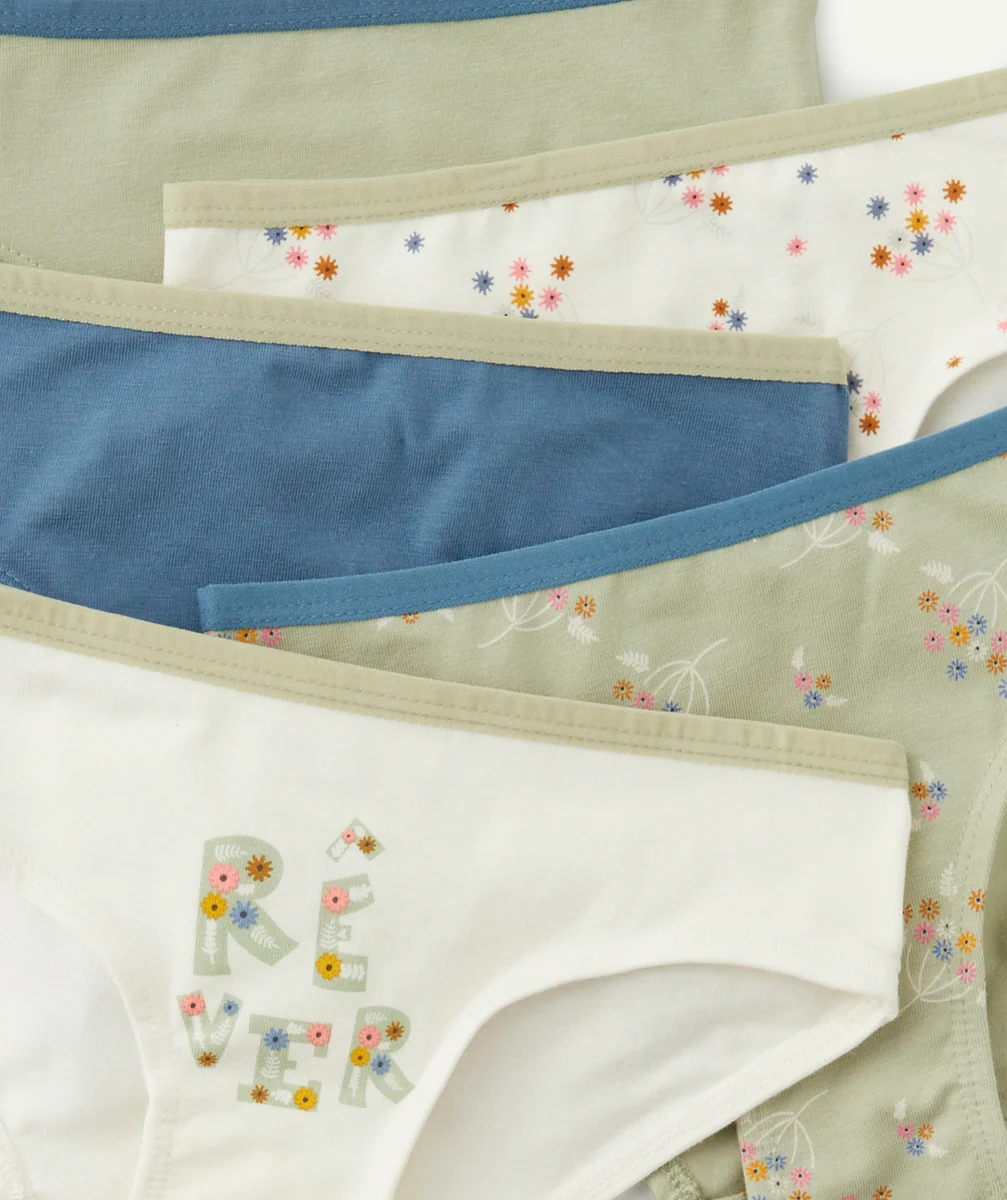 LOT DE 5 CULOTTES EN COTON BIO MOTIFS FLEURI VERT ET ÉCRU