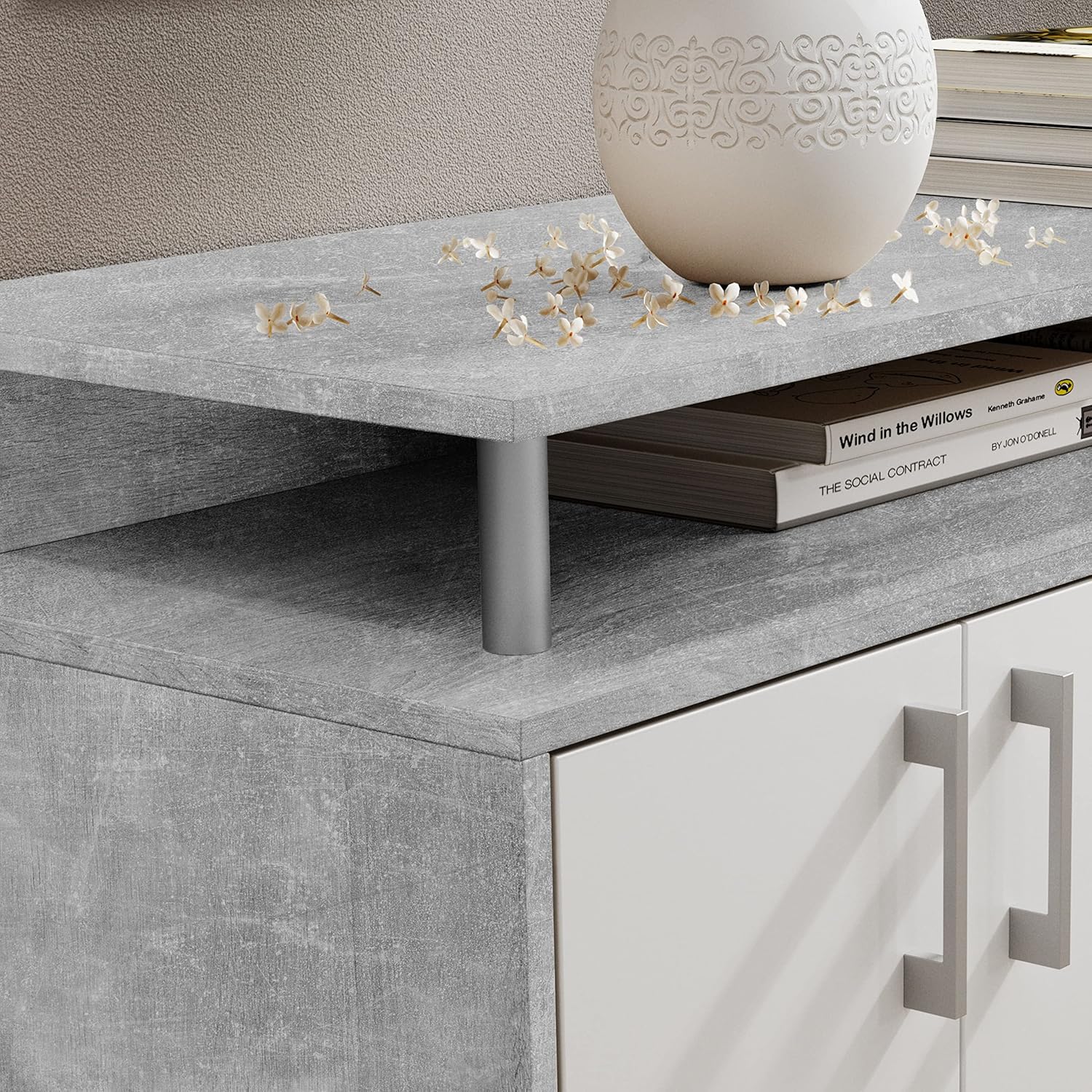 DRIFT Sideboard mit Ablage in Beton Optik, Weiß - Moderne Kommode mit Schubladen und viel Stauraum für Ihren Wohnbereich - 139 x 90 x 34 cm (B/H/T)