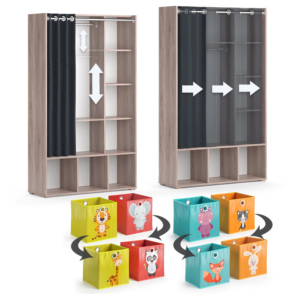 Vicco Kinderkleiderschrank Kinderzimmerschrank Kindergarderobe Luigi Sonoma Faltbox 106 x 178 cm modern Schrankregal Jugendzimmerschrank Organizer Vorhang Kleiderstange Fächer Aufbewahrung Spielzeugablage