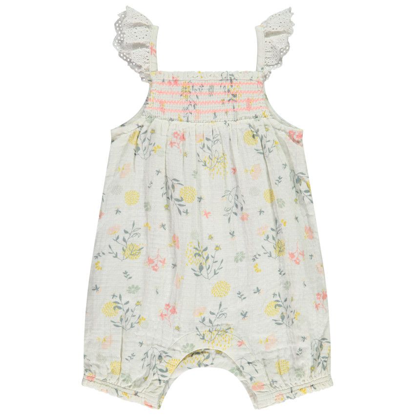 Combishort en coton tubique imprimé floral pour bébé fille - Ecru