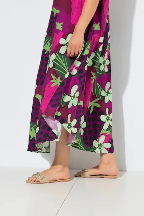 Midikleid, Blüten, A-Linie, Rundhals, ärmellos, weinrot