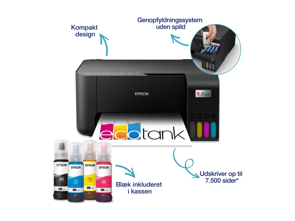 Epson EcoTank ET-2810 - Multifunktionsprinter - farve - blækprinter - ITS - A4 (medie) - op til 10 spm (udskriver) - 100 ark - USB, Wi-Fi - sort