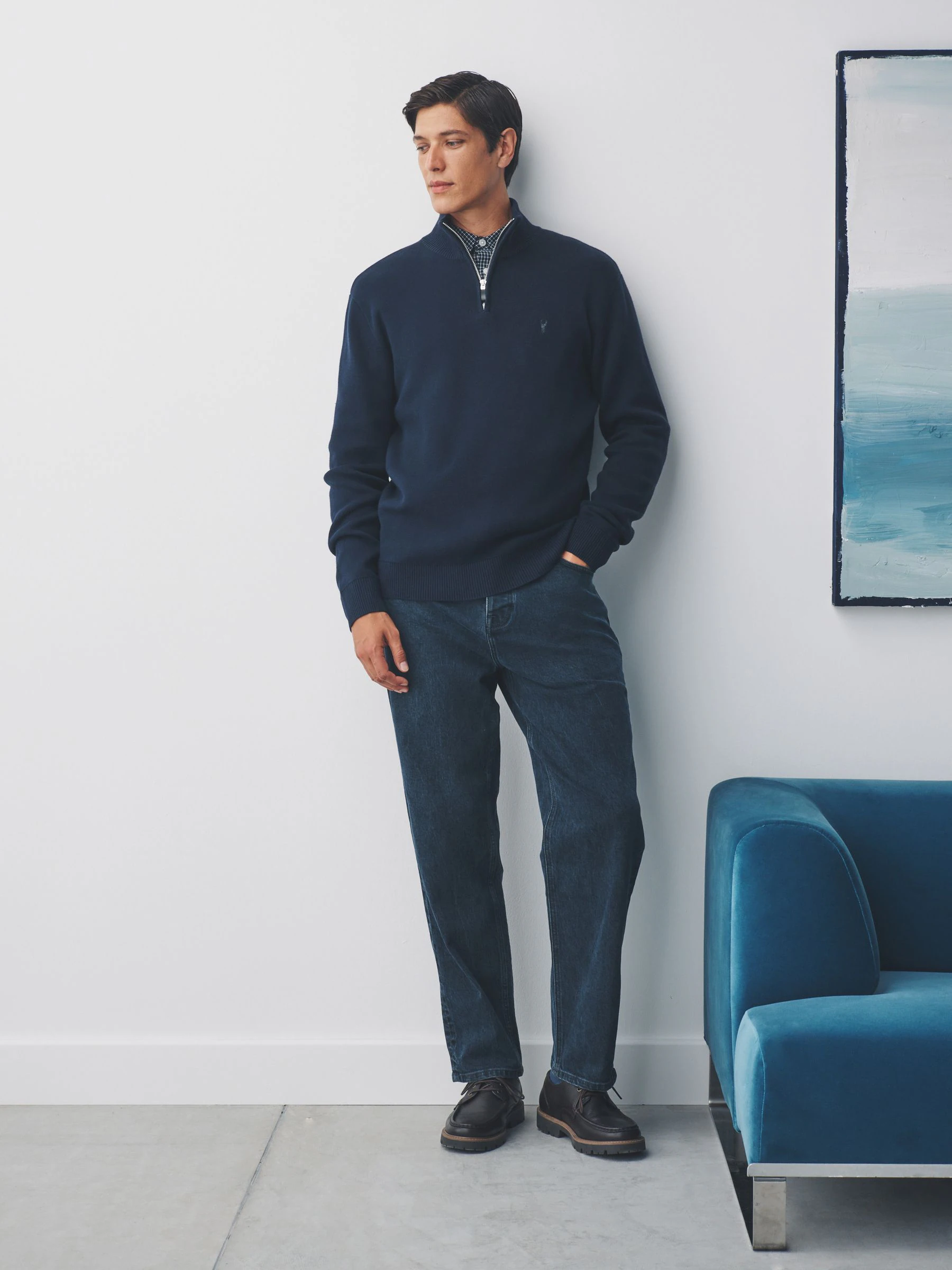 Marineblauw met hert - Hertlogo - Regular fit 100% katoenen premium trui met korte rits