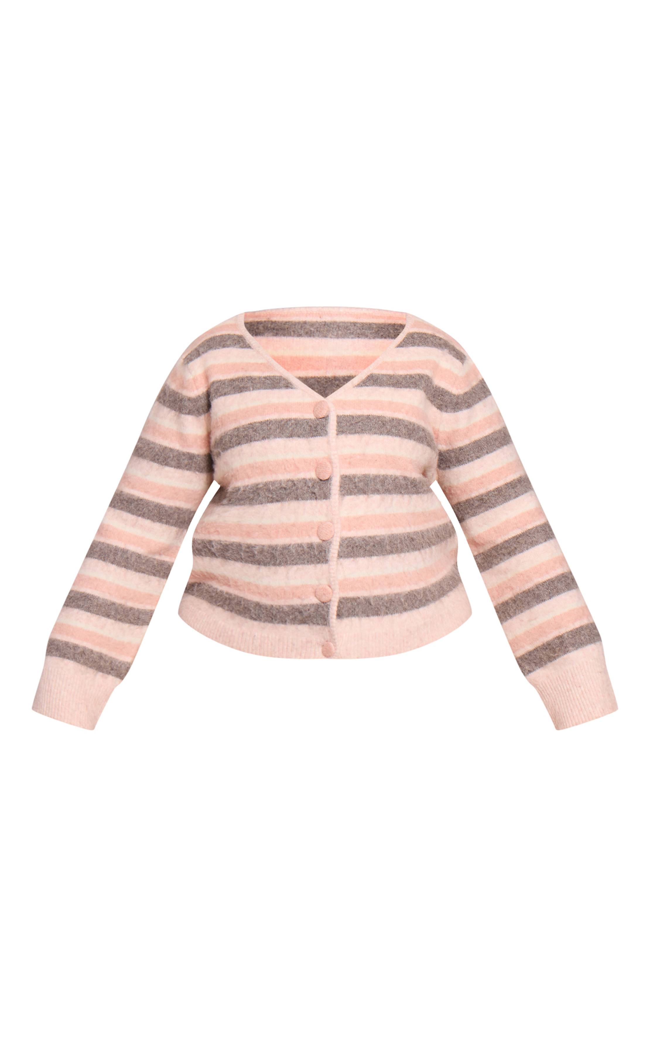 Rose Cardigan En Maille Brossée Grande Taille À Rayures Col V Et Boutons Recouverts