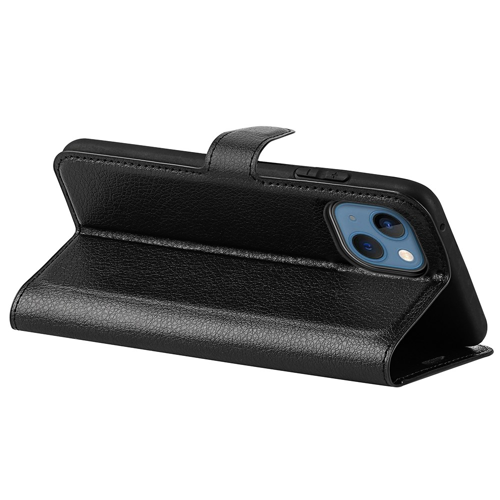 iPhone 14 Leder Tasche Flip Cover Litchi Look - Schwarz