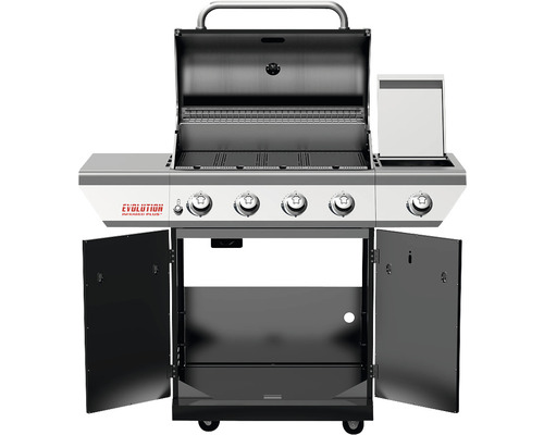 Nexgrill Evolution 4-pits gasbarbecue, zwart, inclusief zijtafel, warmhoudrek, dekselthermometer en gietijzeren grillrooster.