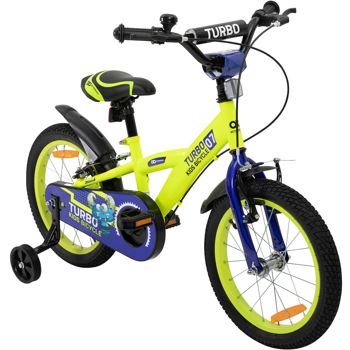 Actionbikes Kinderfahrrad Turbo 16 Zoll, Stützräder, V-Brake-Bremsen, Lenker-/Kettenschutz, Klingel