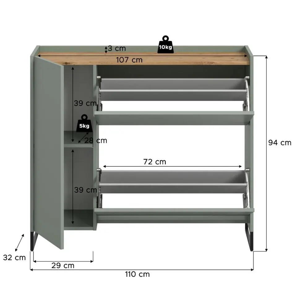 Hioshop Drive schoenenkast 1 deur- 2 vouwdeuren salvie decor