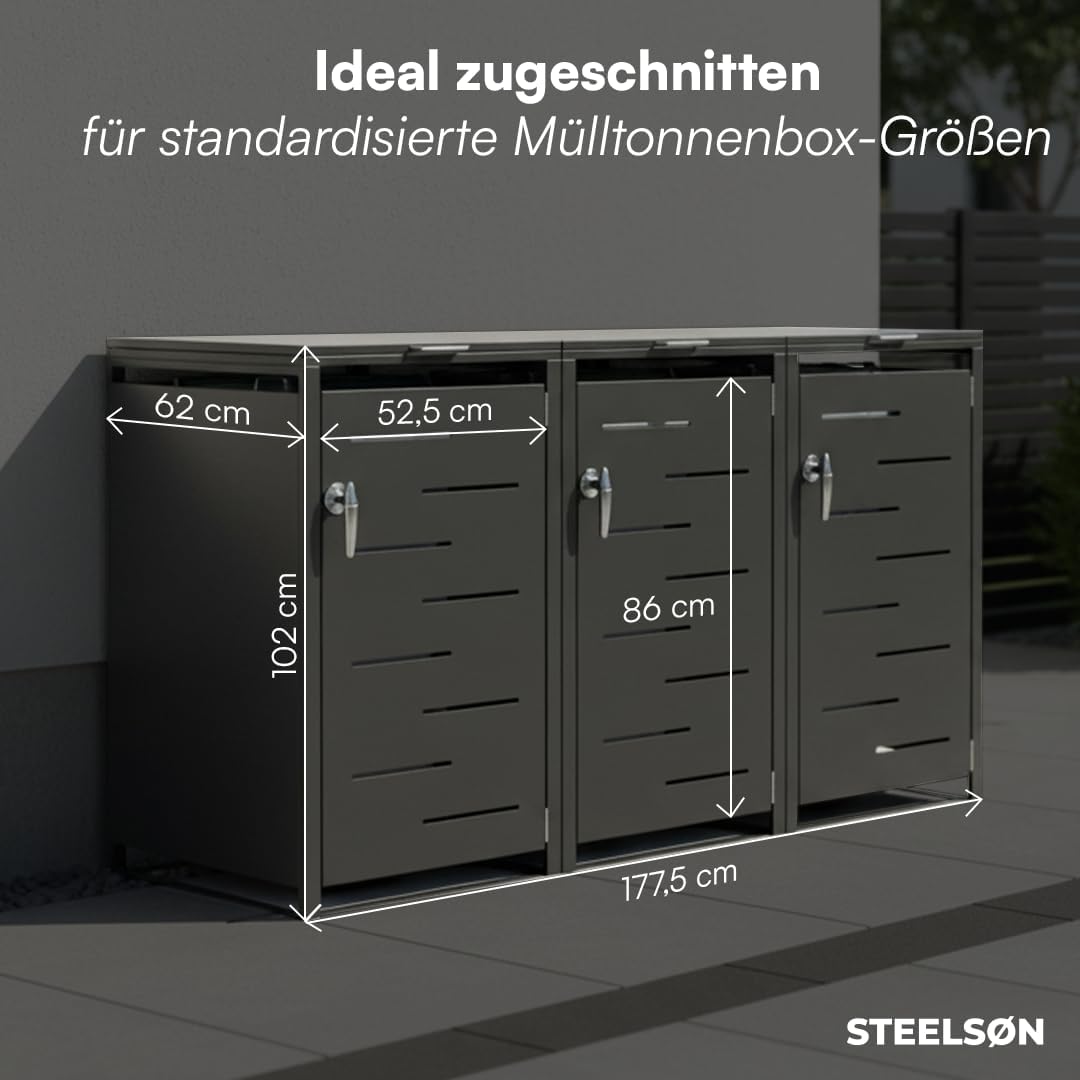 STEELSØN Diorus Mülltonnenbox 3er bis 120L abschließbar – Hochwertige Mülltonnenverkleidung für 3 Tonnen – Müllbox Stahl – Müllcontainer Schwarz - Mülltonnen Box wetterfest – Gerätebox mit Schloss