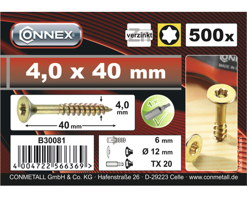 Universele verzonken schroef TX 4x40 mm geel verzinkt incl. bit 500 stuks