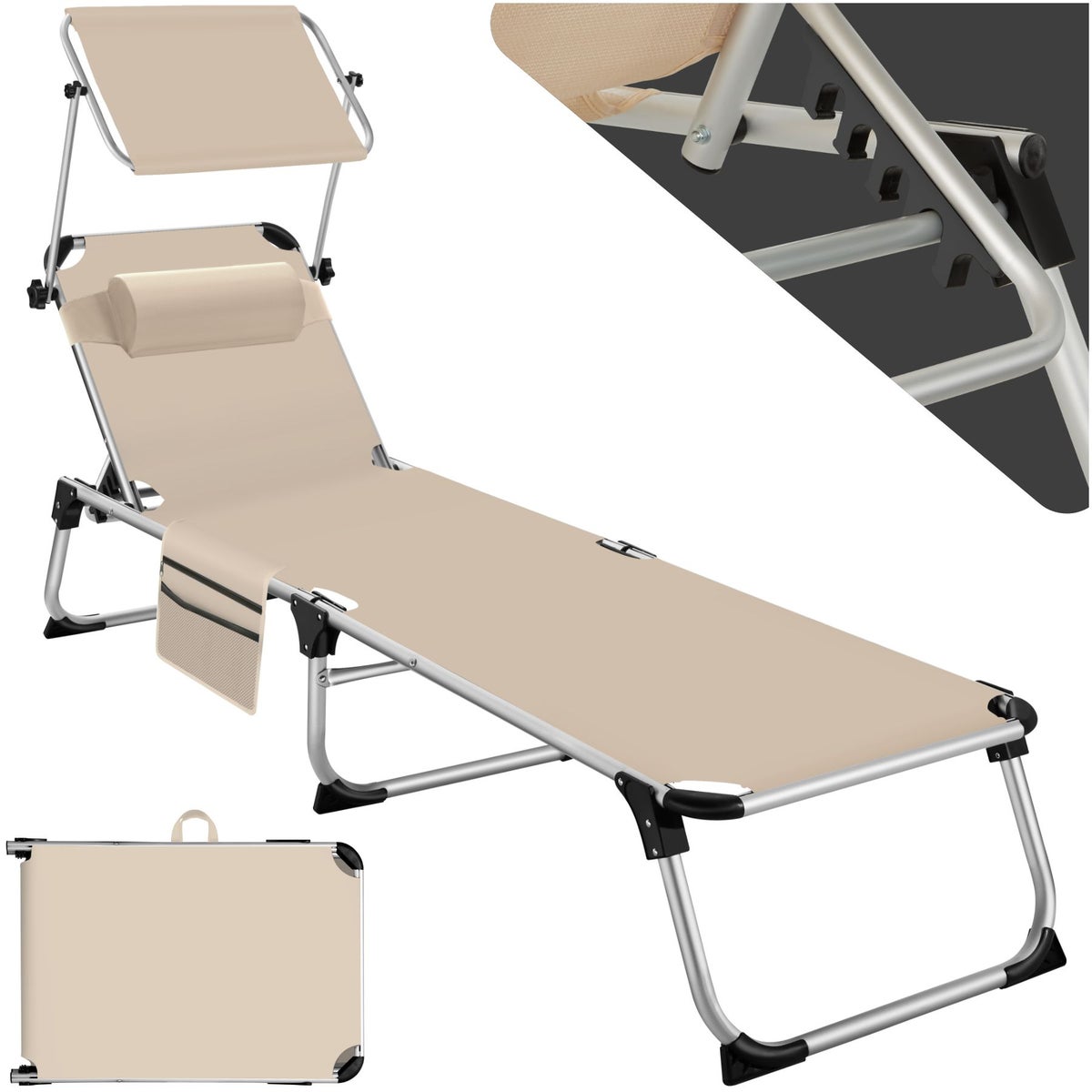tectake Aurelie opvouwbare zonnestoel met hoofdsteun, 218 x 60 x 33,5 cm, inclusief zijvak