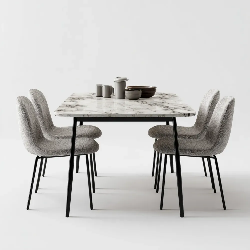 Essgruppe Marmortisch mit 4 Stühlen - 140x80x75 cm - Schwarz/Weiß - Moderner Stil