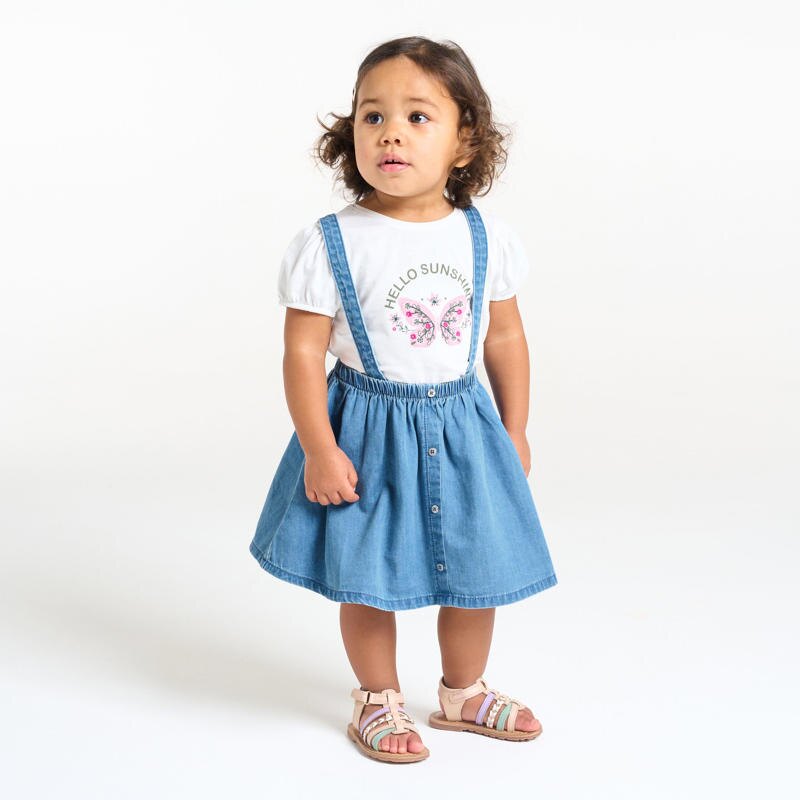 Jupe à bretelles en denim bleu et t-shirt blanc bébé fille Bleu