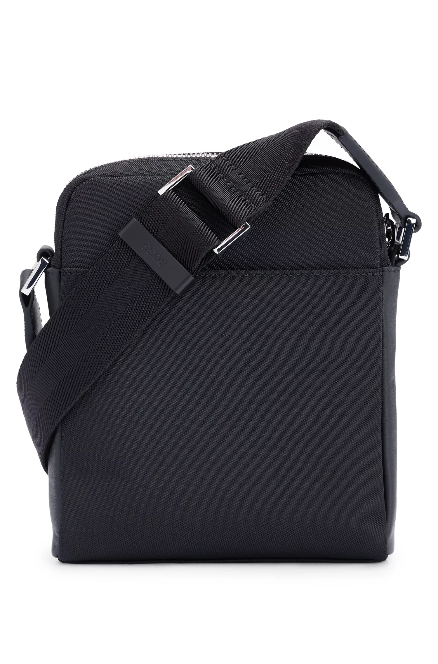 Bolsa para repórter BOSS em material estruturado preto com logotipo da marca.