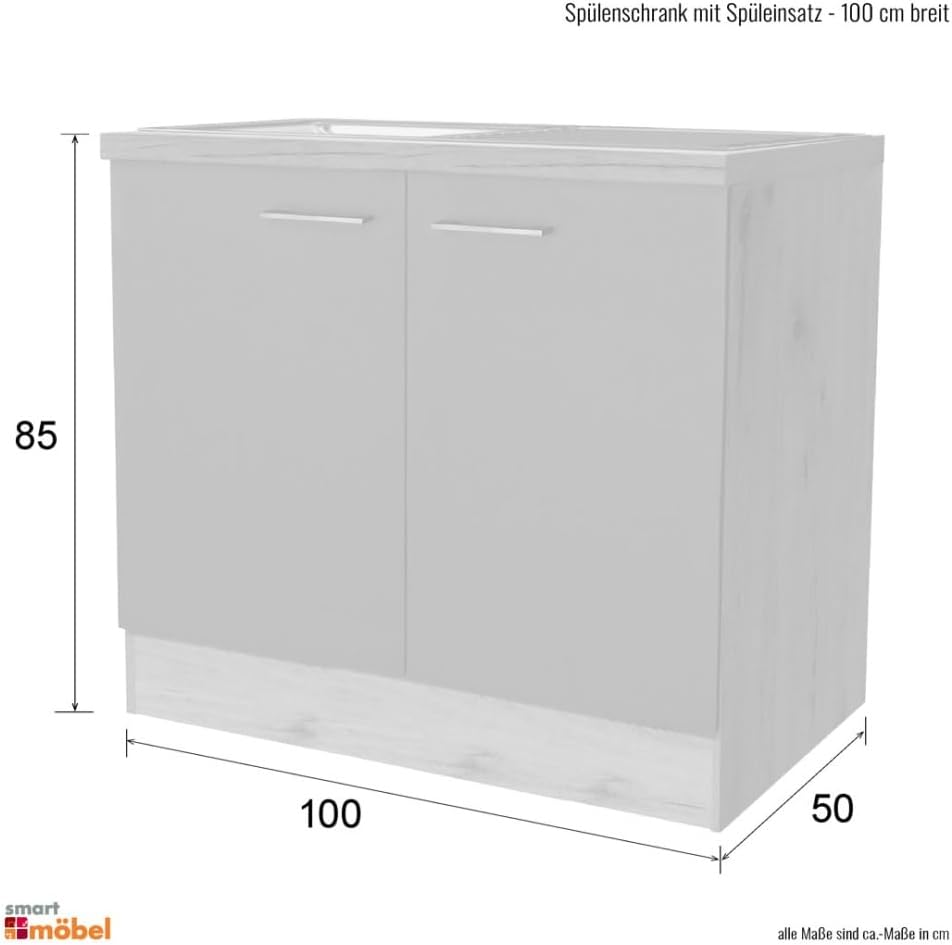 Smart Möbel Spülenunterschrank mit Arbeitsplatte & Spüle - 100 cm breit - Weiß - Rapido