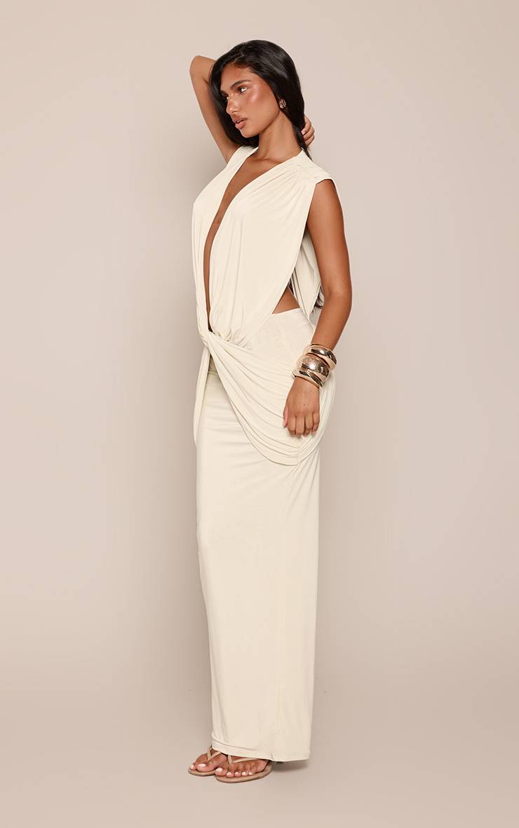 Crème Robe Maxi À Double Couche En Jersey Slinky Avec Décolleté Plongeant Et Détail Torsadé Devant