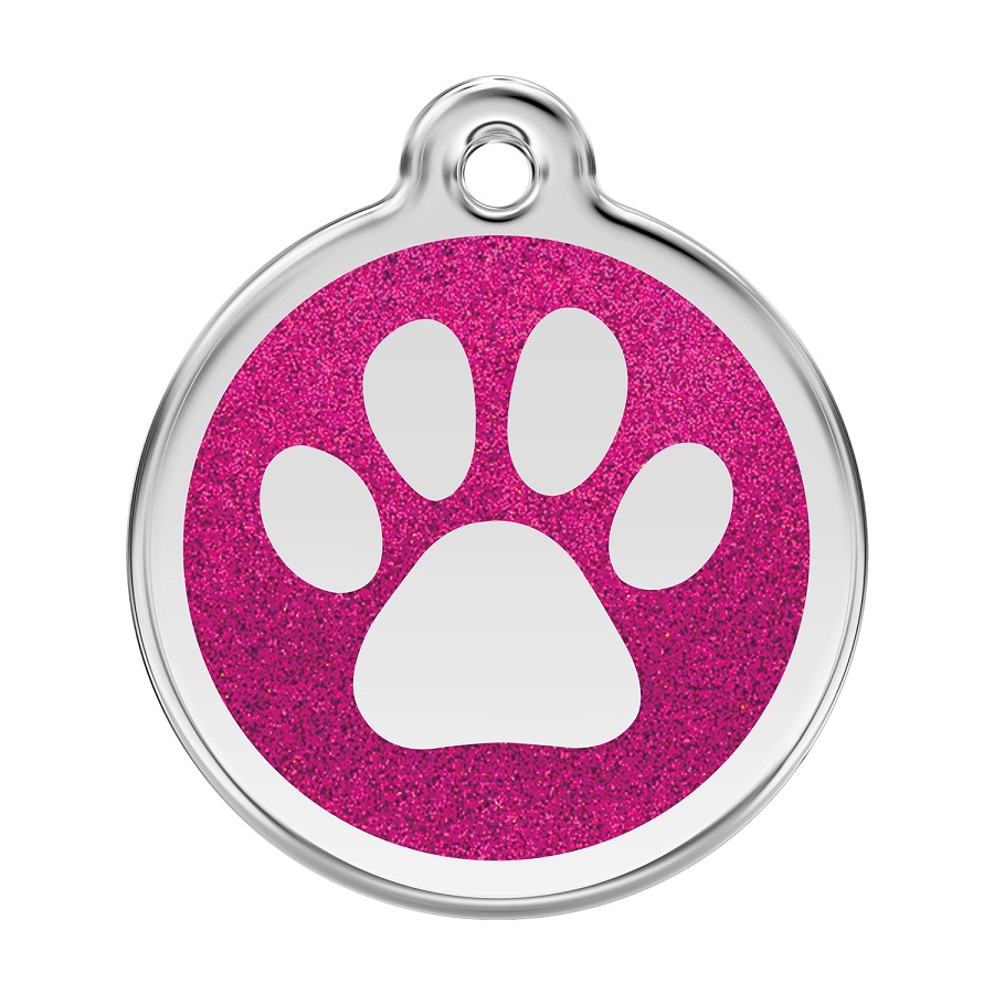 Etiqueta de identificação para cães com estampa de pata brilhante, rosa choque