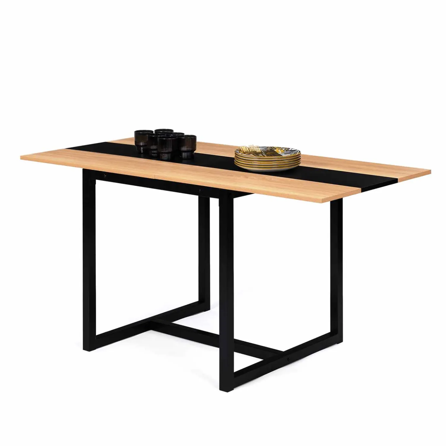 Table à manger extensible rectangle DOVER 4-8 personnes bande centrale noire design industriel 80-160 cm
