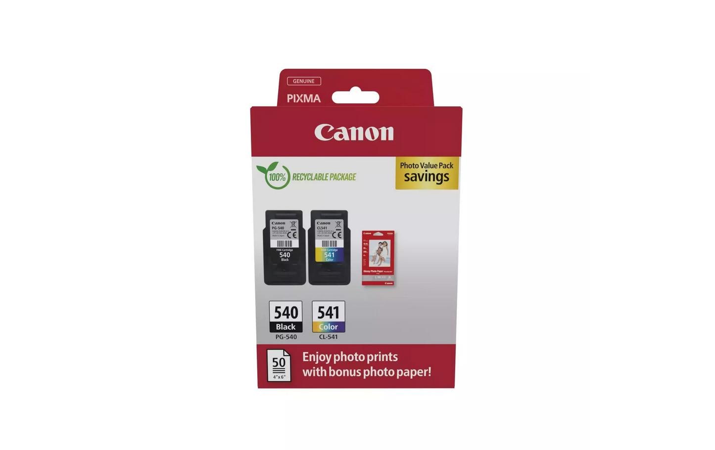 Tintenset PG-540 / CL-541 inkl FotopapierTintenset: 1x Schwarz, 1x Dreifarbig (CMY)