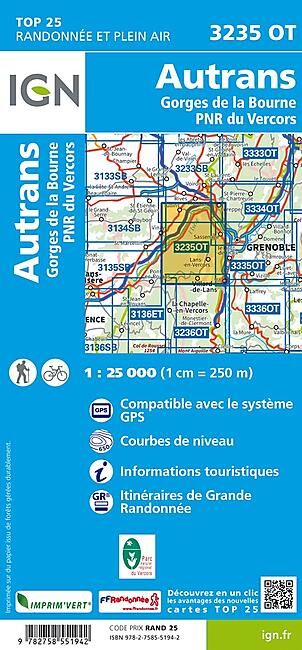 IGN - TOP 25 3235OT AUTRANS GORGES DE LA BOURNE 1 25 000
